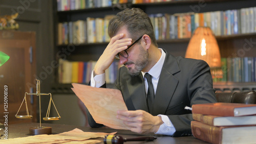 Tense Middle Aged Lawyer Shocked while Reading Court Orders in Office