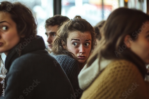 Group of friends share whispers at a cafe, revealing secrets and nervous glances in a moment filled with tension and uncertainty. Generative AI