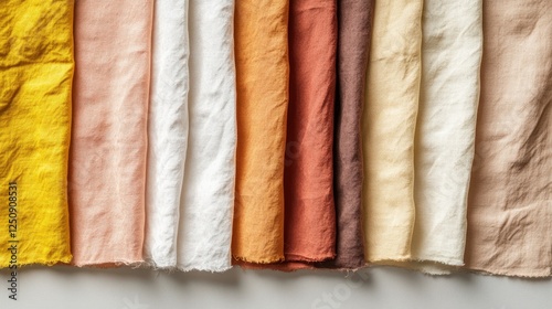 Collection of colorful plant-dyed linen fabric samples arranged on a white surface