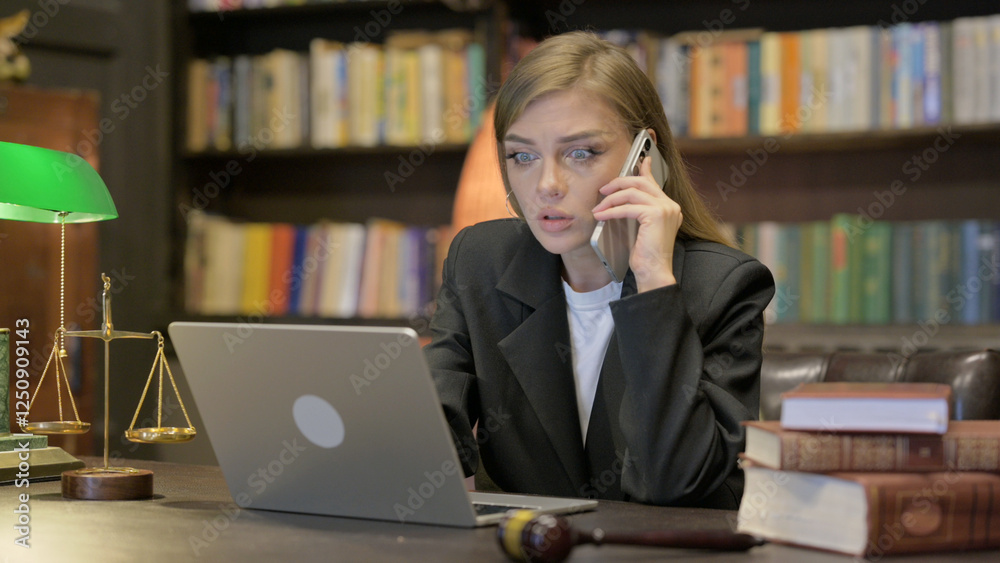 Angry Female Lawyer Talking on Phone while using Laptop Angry Female Lawyer Talking on Phone while using Laptop