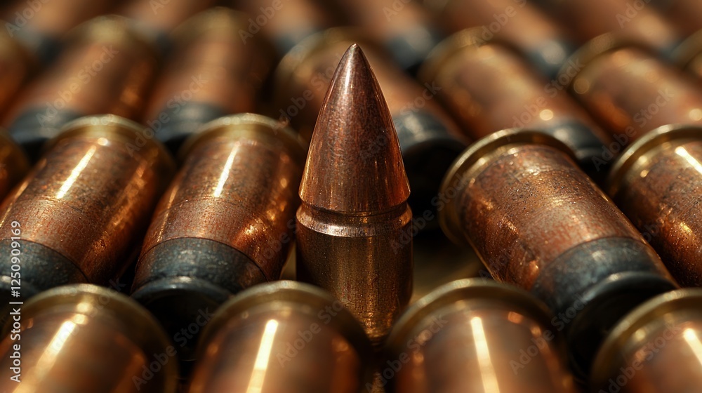 Single bullet amidst others; firearm ammunition, close-up; potential use news, editorial Single bullet amidst others; firearm ammunition, close-up; potential use news, editorial