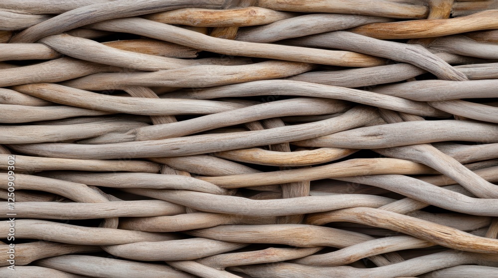 Wooden chains piled together next to a woven fence made of flexible branches