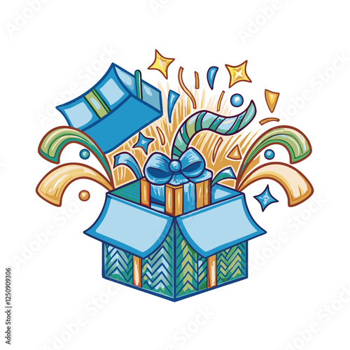 Create a vibrant vector graphic of a gift box dramatically opening to reveal a promotional product or message inside.  Focus on clean lines and a celebratory feel.