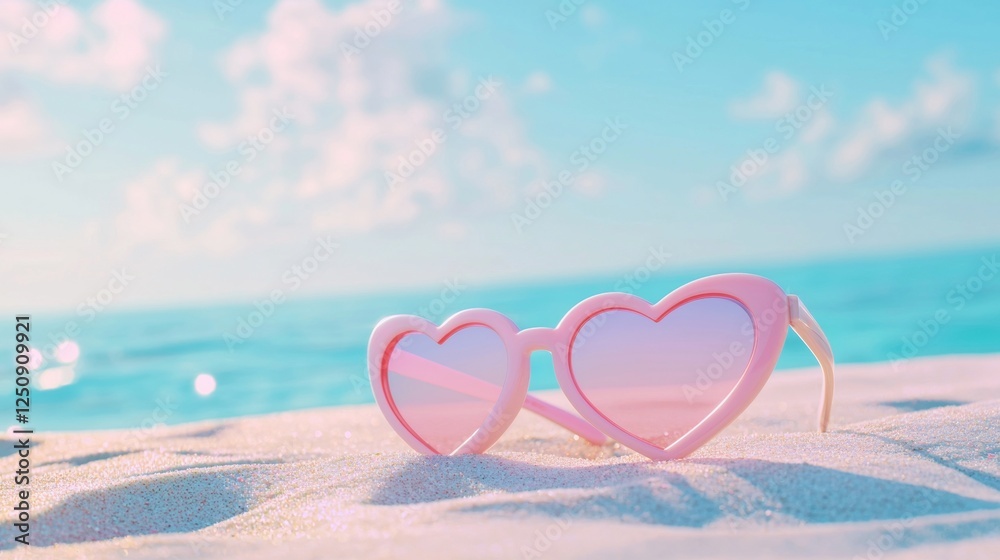 Heart-shaped sunglasses lie on sunlit beach sand, with a serene ocean backdrop. The scene embodies summer relaxation, vacation vibes, and carefree coastal leisure