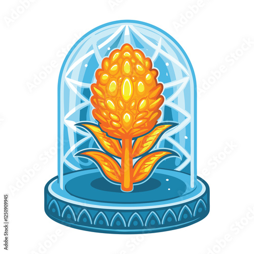 Create a vibrant vector illustration of a bioengineered plant, glowing with an ethereal light, showcasing intricate details of its modified structure.