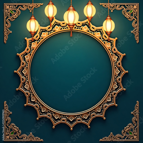 Elegant Teal and Gold Islamic Design with Hanging Lanterns.