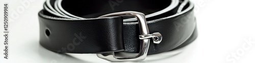 A close-up view of a black leather belt featuring a shiny silver buckle