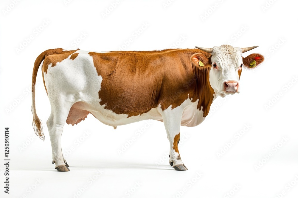 A brown and white cow standing on a white surface, suitable for farm or animal-themed projects A brown and white cow standing on a white surface, suitable for farm or animal-themed projects
