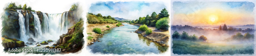 Scenic waterfall view, tranquil river landscape, serene sunrise over hills, watercolor painting style, nature art, peaceful scenery.