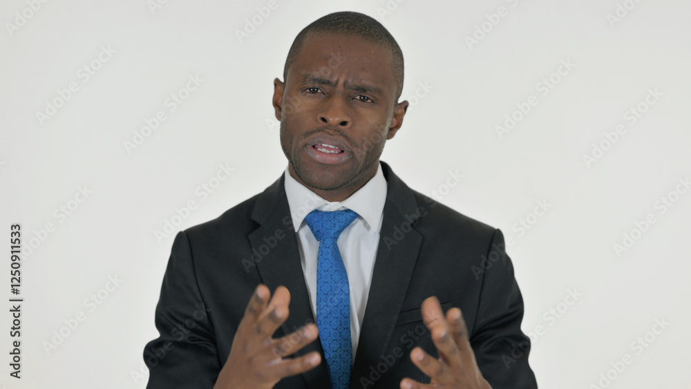 Portrait of Talking African Businessman Doing Video Chat on White Background Portrait of Talking African Businessman Doing Video Chat on White Background