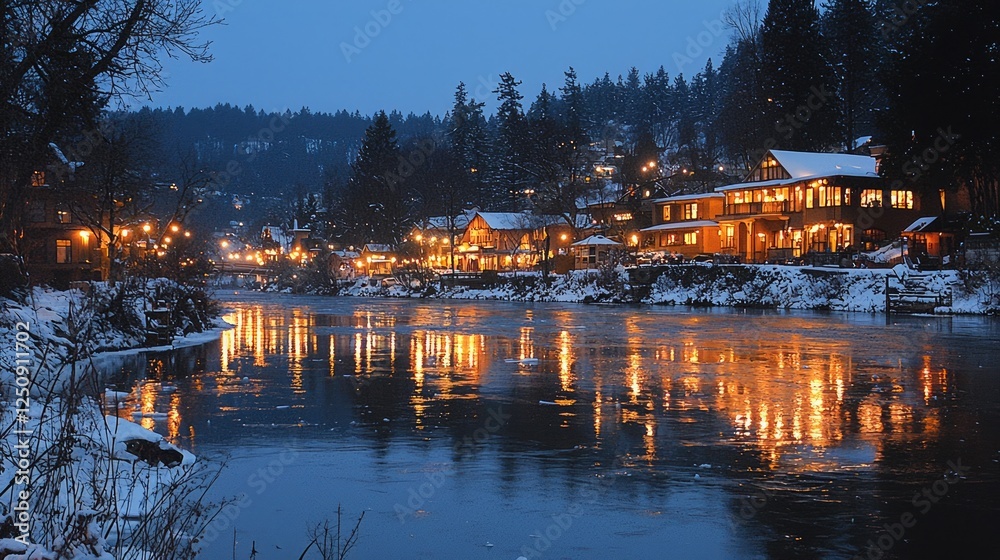 Fototapeta premium Snowy river town at night, lights reflecting, winter wonderland, holiday card image