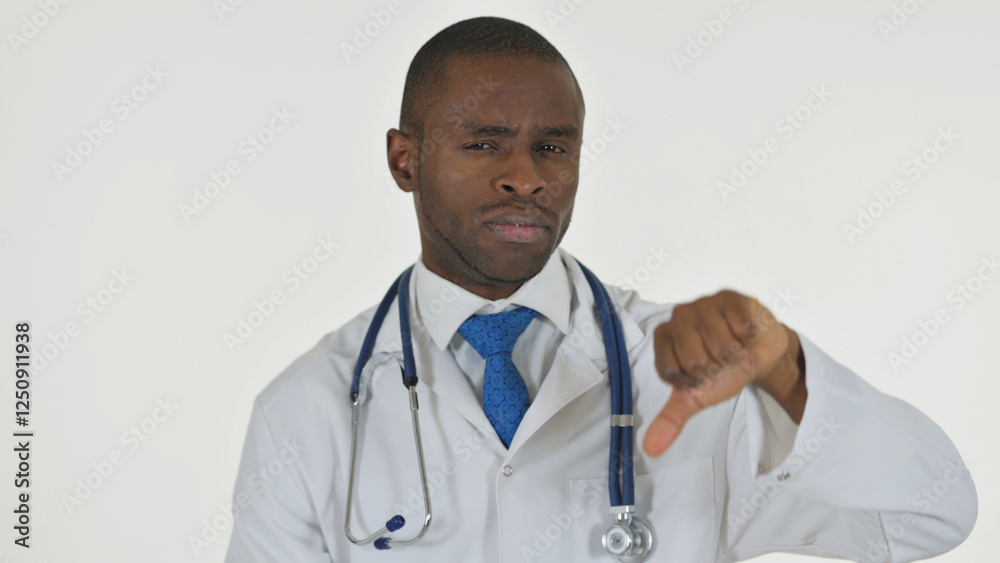 Portrait of African Doctor with Thumbs Down on White Background Portrait of African Doctor with Thumbs Down on White Background