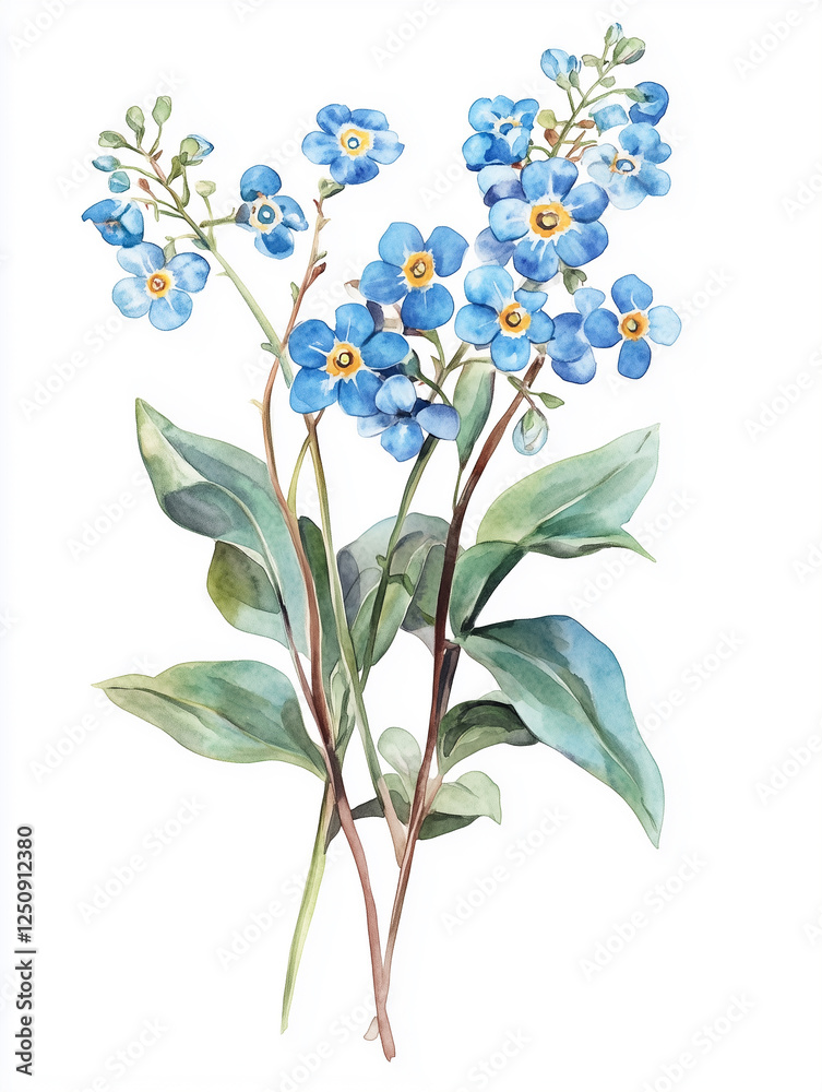 Obraz premium Watercolor illustration, sketch. Small bouquet of blue spring flowers, white background. Forget-me-not flowers. Cute delicate flowers, plants, leaves.