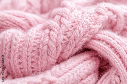 A close-up view of a soft pink knitted blanket with intricate details