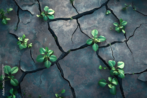 A close-up of a fractured earth surface with small plants growing in the cracks, symbolizing hope after disaster. photo