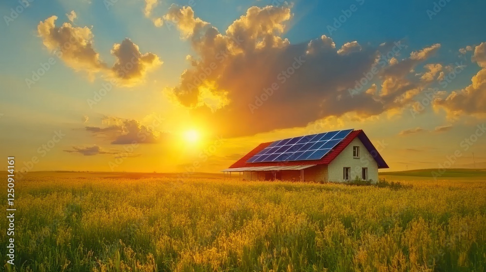 Sunset solar panels house field renewable energy Sunset solar panels house field renewable energy