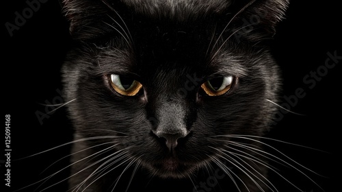 A close-up shot of a black cat's face, highlighting its bright yellow eyes