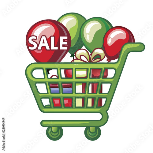 Create a vibrant vector illustration of a shopping cart overflowing with sale items, emphasizing the "Sale (1)" label prominently.  Focus on a clean, modern style.