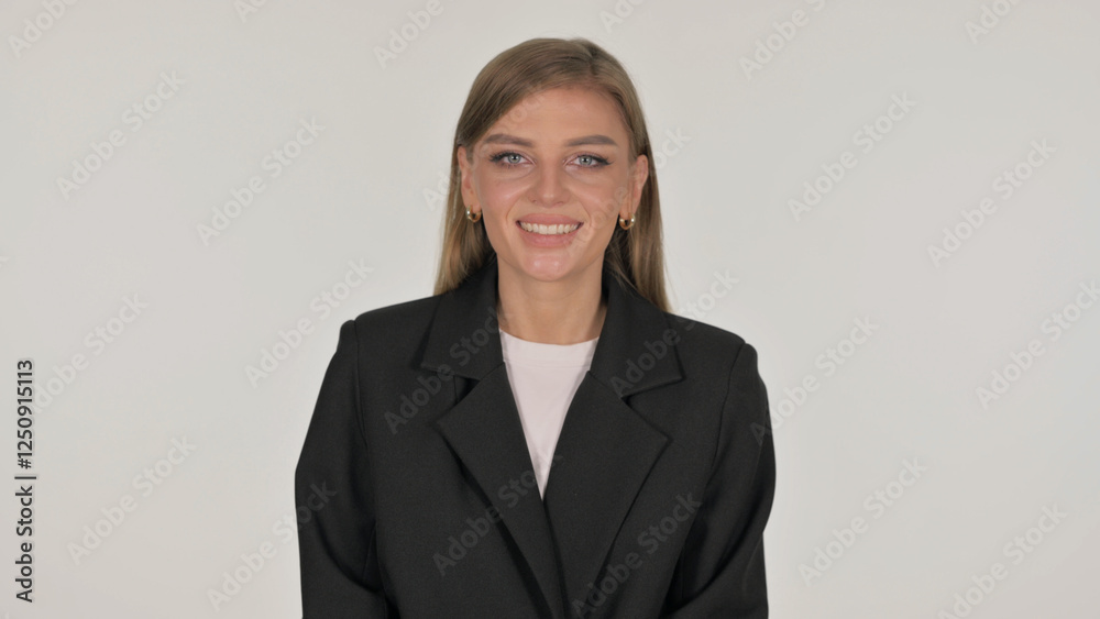Portrait of Businesswoman Shaking Head in Acceptance on White Background Portrait of Businesswoman Shaking Head in Acceptance on White Background