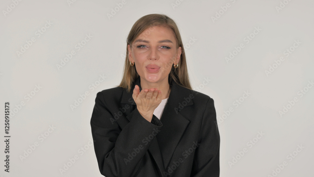 Portrait of Businesswoman Blowing Flying Kiss on White Background Portrait of Businesswoman Blowing Flying Kiss on White Background