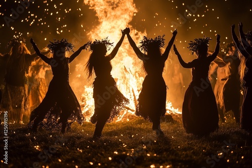 People gather and dance around a large bonfire celebrating Beltane during twilight
