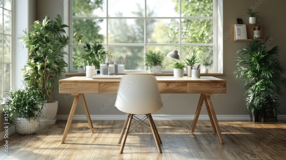 Sunlit Home Office Workspace With Plants And Wooden Desk Sunlit Home Office Workspace With Plants And Wooden Desk