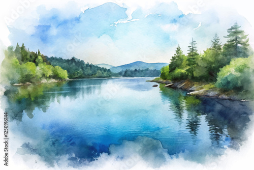 Serene lake view, tranquil water reflections, lush green trees, soft watercolor style, peaceful nature scene.
