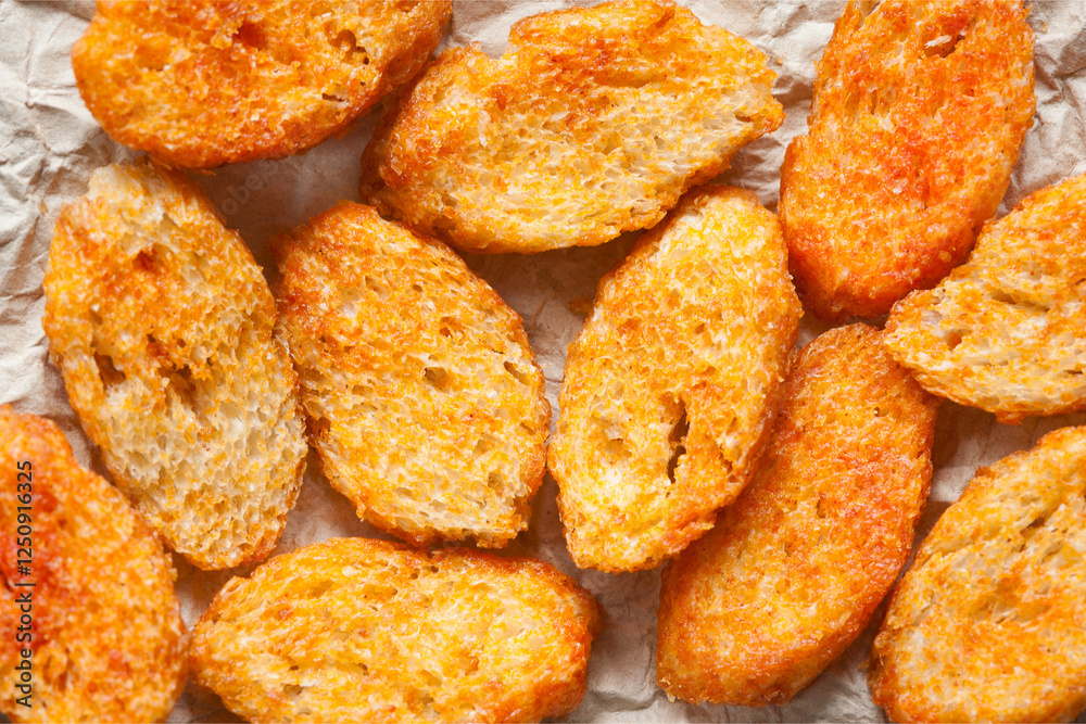 Rusks with spices. Fried croutons. Toasts on paper close-up Rusks with spices. Fried croutons. Toasts on paper close-up