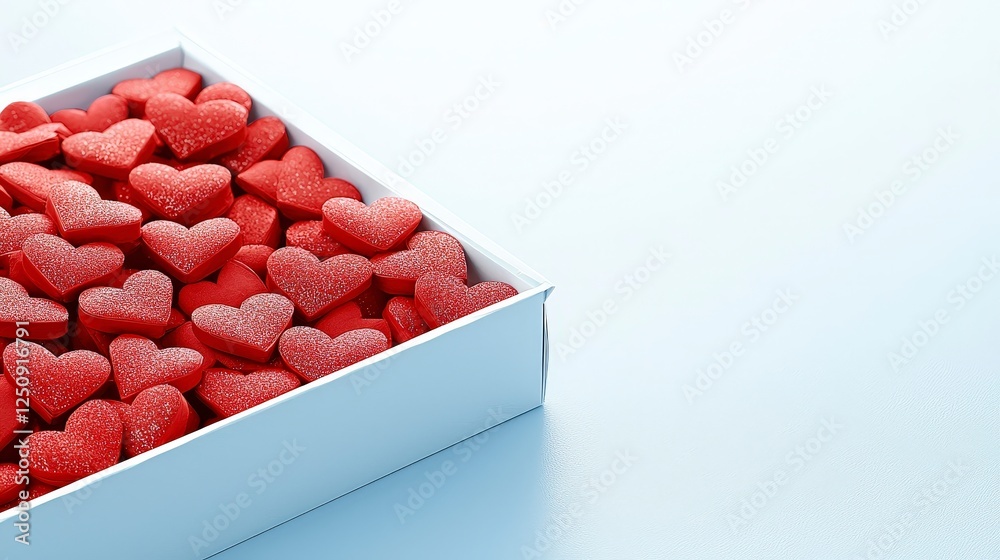 Box of Sparkling Red Heart Shapes on a Light Blue Background Box of Sparkling Red Heart Shapes on a Light Blue Background