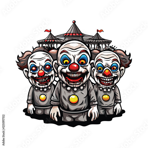A terrifying tableau of zombie clowns, their decaying faces accentuated by vibrant, glowing red noses and colorful, tattered costumes.
