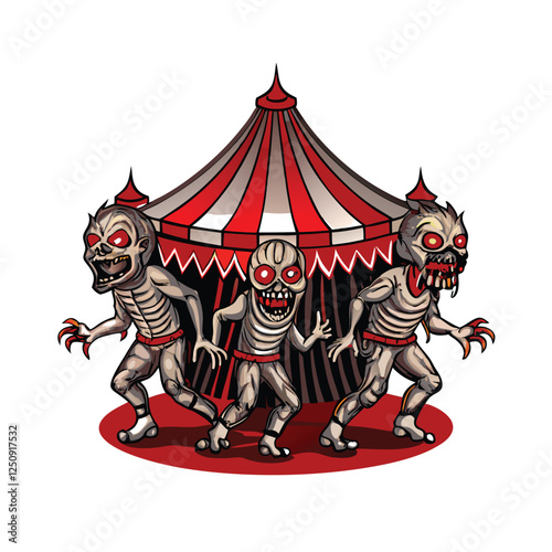 Three zombie performers with glowing red eyes and intricate face tattoos, theatrical makeup,  performing on a dark stage.