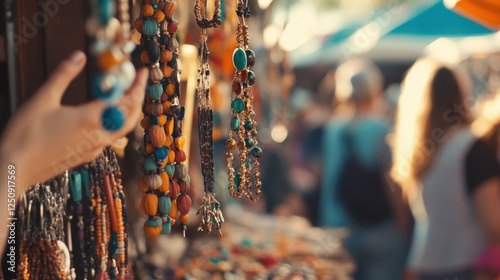 Colorful jewelry stalls in market.