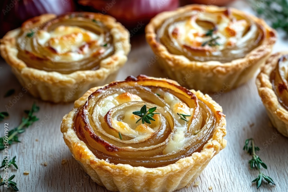 Table decorated with small savory pies and onions Table decorated with small savory pies and onions