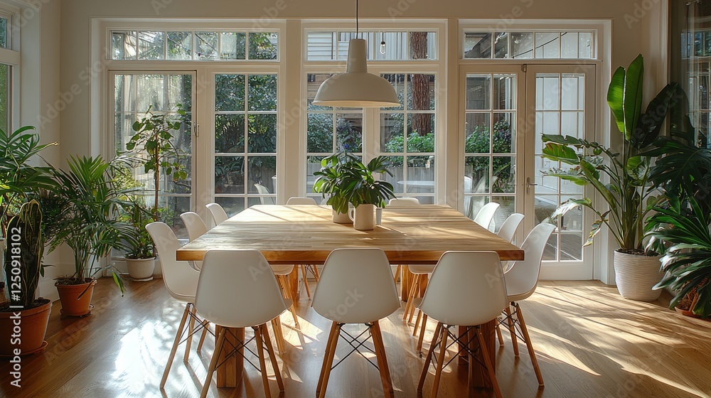 Fototapeta premium Sunlit Dining Room With Wooden Table And White Chairs