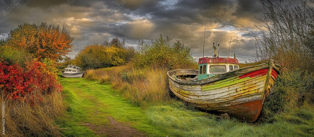 Autumnal riverbank, weathered boats, dramatic sky, nature path Autumnal riverbank, weathered boats, dramatic sky, nature path