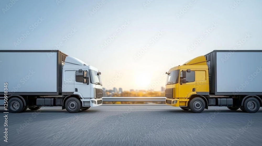 Fototapeta premium Minimalist View of Two Cargo Trucks in Urban Sunset with Clear Sky