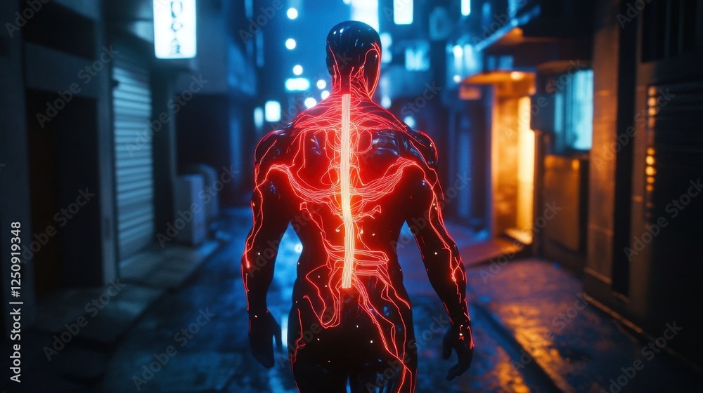Futuristic humanoid in a dark alley. Futuristic humanoid in a dark alley.