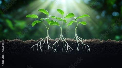 A high-resolution, detailed shot of plant roots growing in soil, showing the intricate network of roots spreading out to absorb nutrients