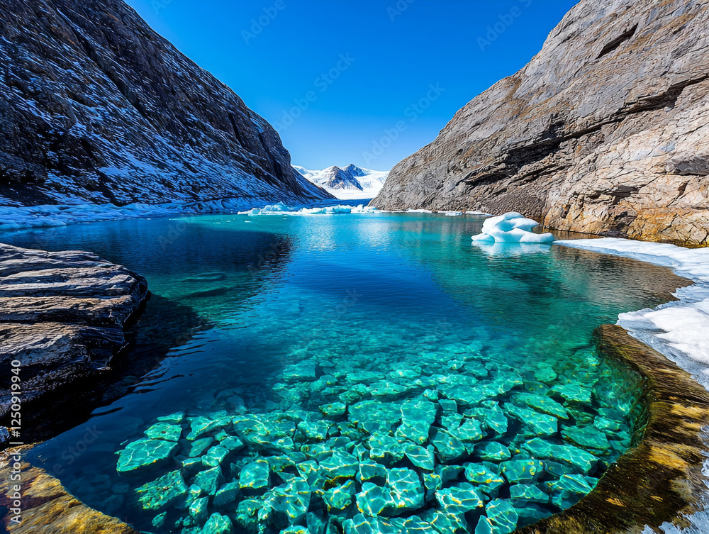 Obraz premium Glacier lagoon under blue sky. Crystal clear lagoon surrounded by glacial ice reflects mountains