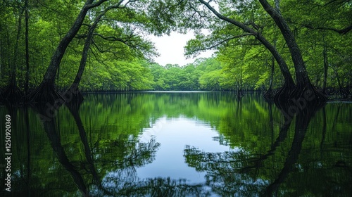 Serene swamp river reflection, tranquil morning, lush foliage