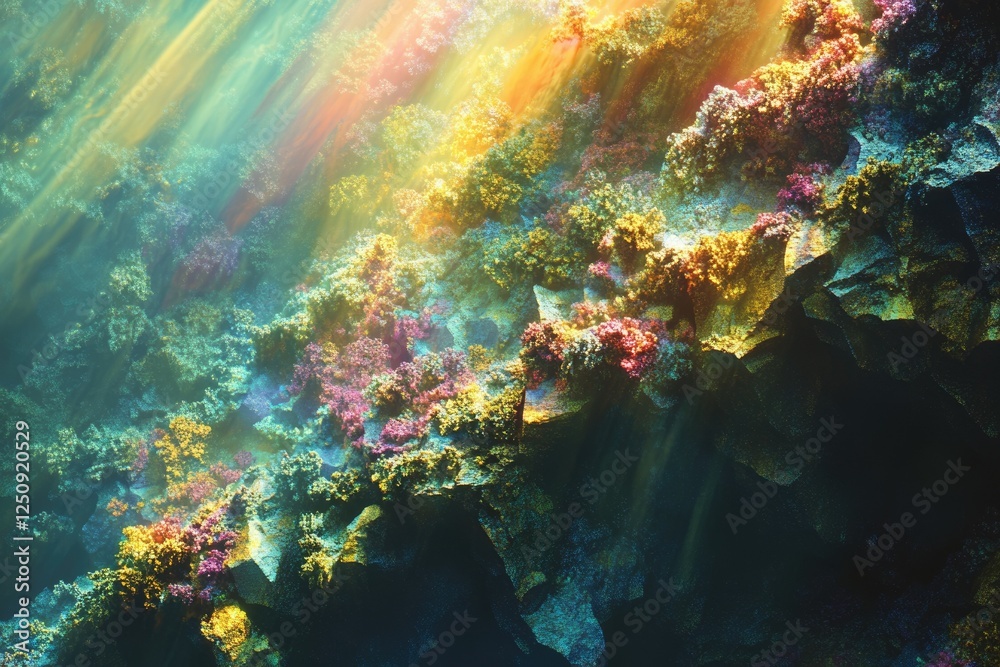 Fototapeta premium Vibrant underwater scene with colorful coral reefs illuminated by sunbeams, creating a magical, ethereal atmosphere.