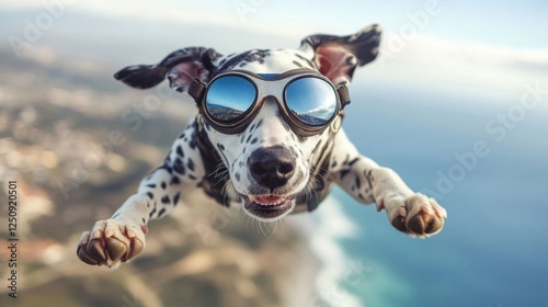 A dalmatian dog flying joyfully.