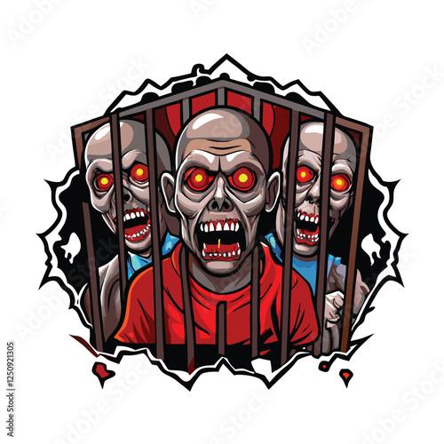 Horrific image of decaying zombies, glowing blue eyes, wearing tattered prison uniforms, amidst a nightmarish scene.