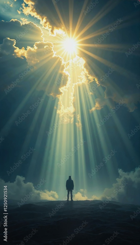 Fototapeta premium Dramatic scene of a lone figure beneath a glowing sunray surrounded by ethereal clouds