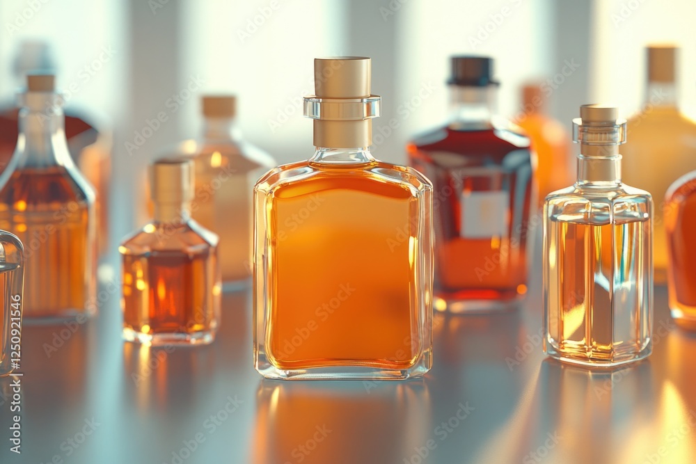 Group of bottles of liquor sitting on a table, various types and sizes Group of bottles of liquor sitting on a table, various types and sizes