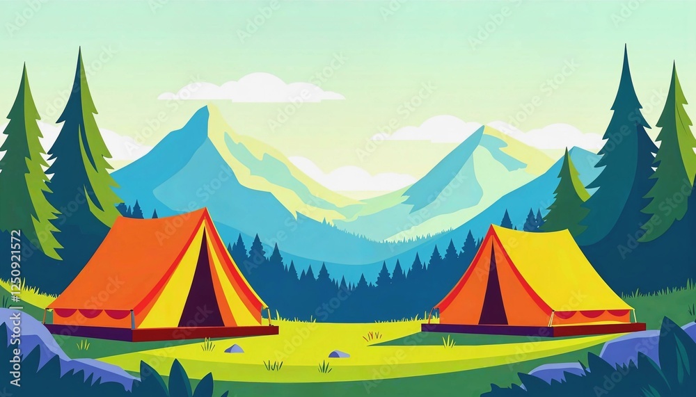 Scenic camping setup in a forest with mountains backdrop for weekend adventures Scenic camping setup in a forest with mountains backdrop for weekend adventures