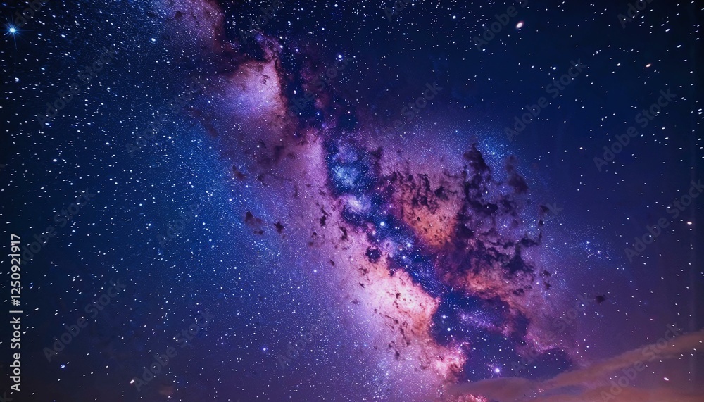 Stunning view of the Milky Way galaxy with vibrant purple and blue hues in the night sky Stunning view of the Milky Way galaxy with vibrant purple and blue hues in the night sky