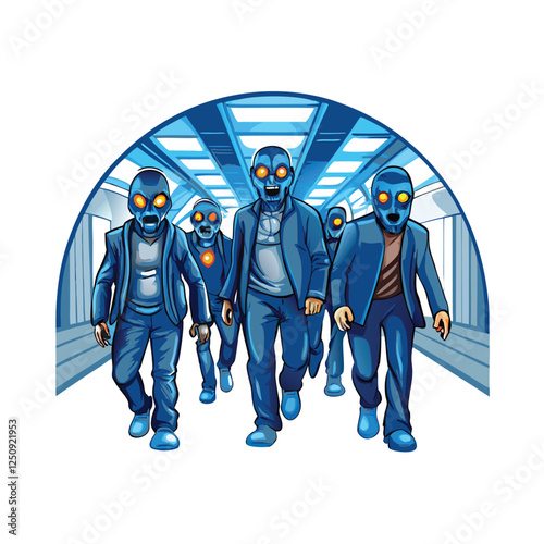 Horrific image of decaying zombies, glowing blue eyes, tattered suits, apocalyptic setting.  Wan complexion highlights their undead state.