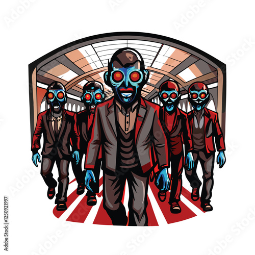 Three decaying zombies, glowing blue eyes, tattered business suits, unsettlingly realistic detail, dimly lit urban backdrop.