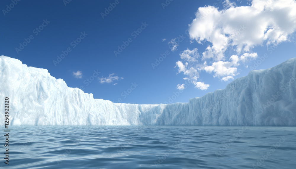 Glacier lagoon under blue sky. Towering icebergs in tranquil glacier lagoon beneath clear sky